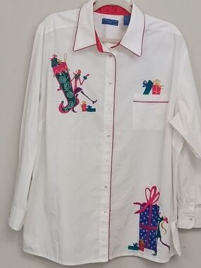 Karen Scott 2X Embroidered Holiday Gift Elf Stocking Button Up Oversized Shirt